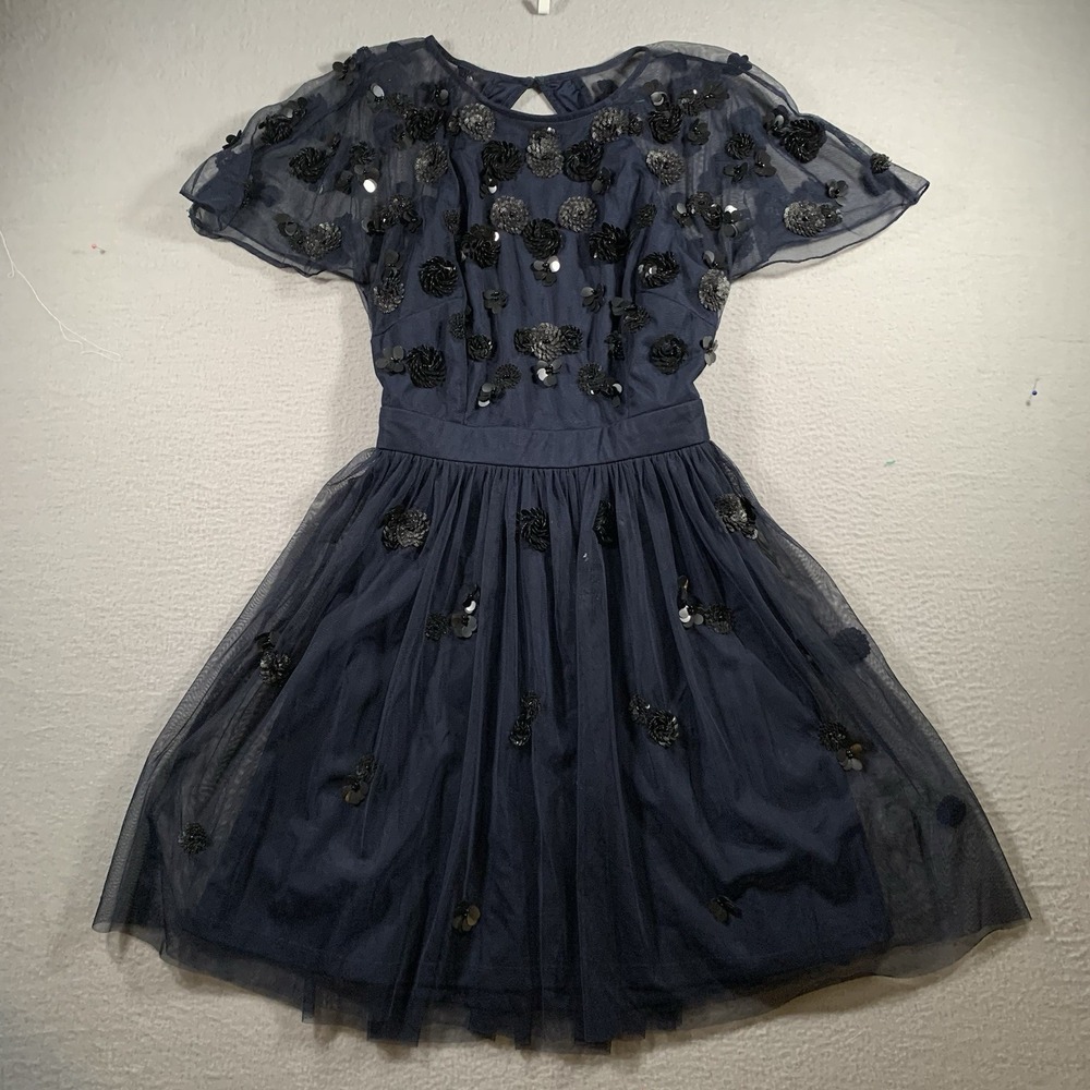 Gianni Bini Flare Dress 6Lace Open Back Short Sleeve Cocktail Blue Navy